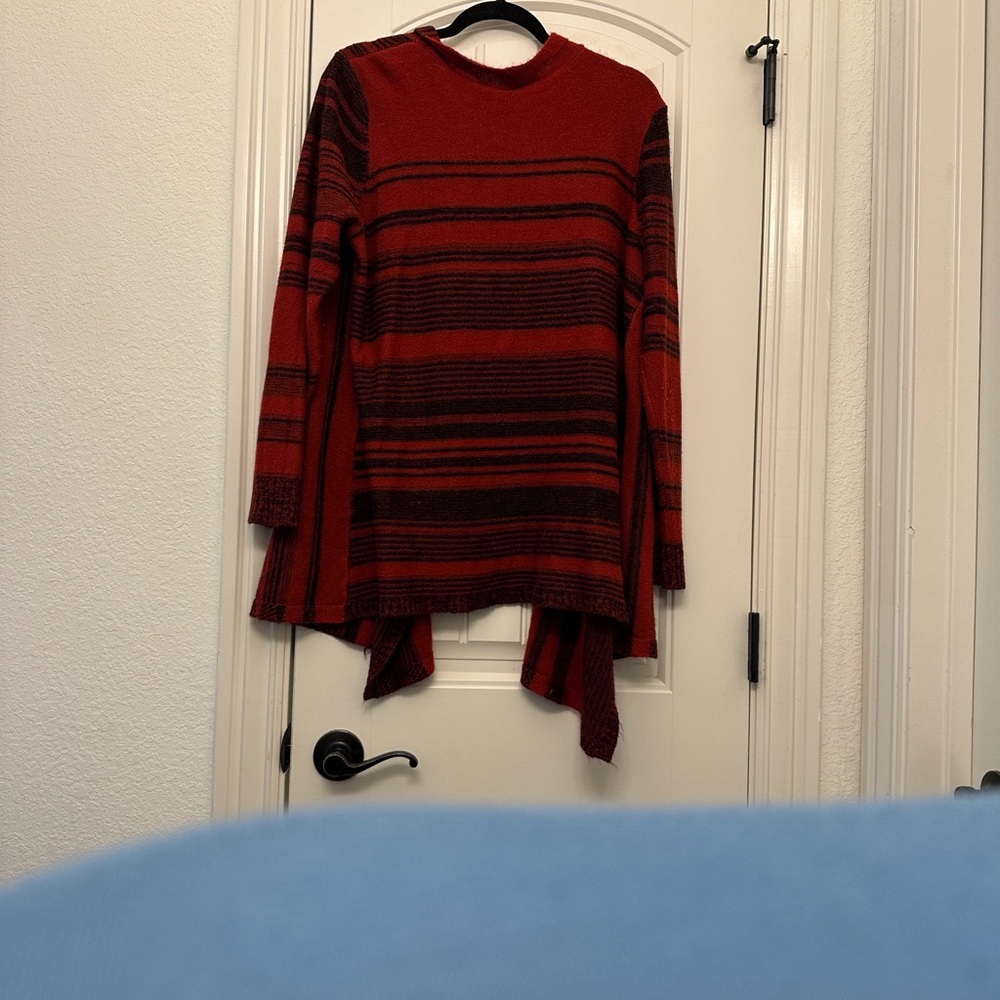 New Directions Red and Black Striped Cardigan - Picture 2 of 4